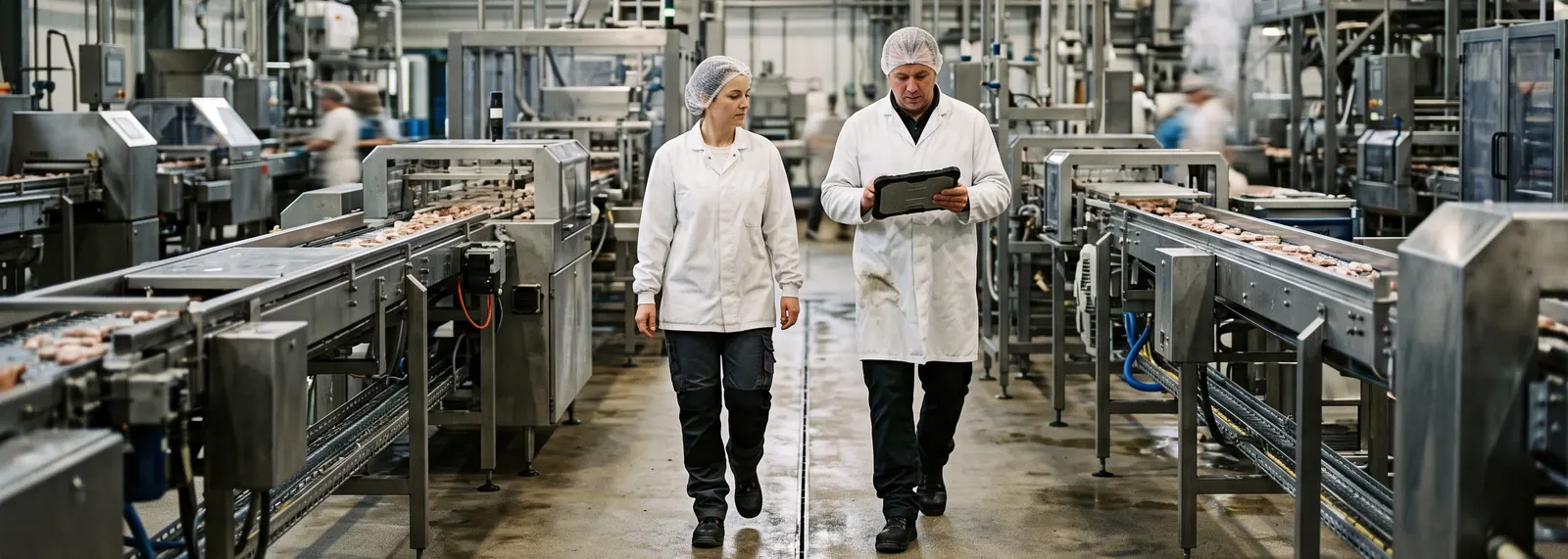 Dois operadores com bata e touca percorrem o corredor entre duas linhas de processo de uma fábrica alimentar; um consulta um tablet