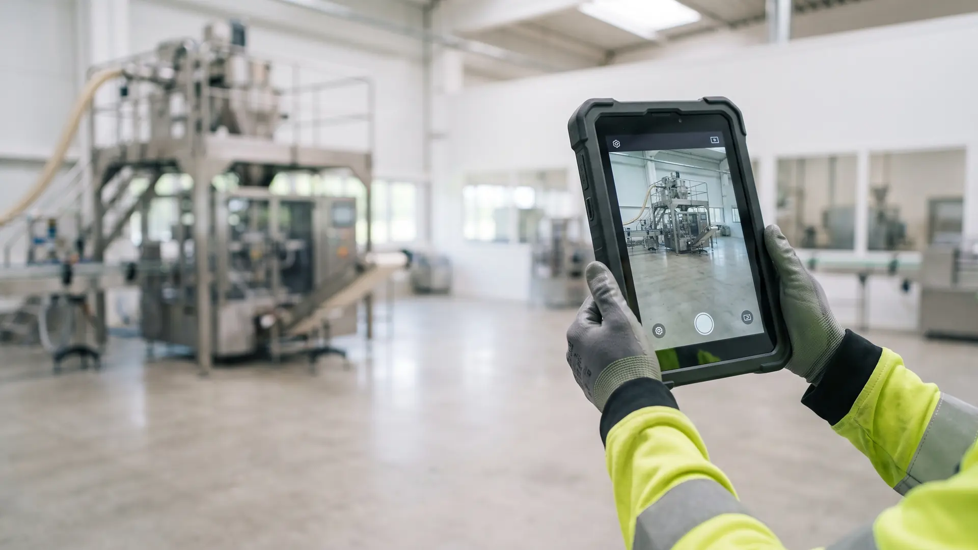Manos con guantes sosteniendo una tablet que fotografía una máquina de envasado en la nave de una fábrica