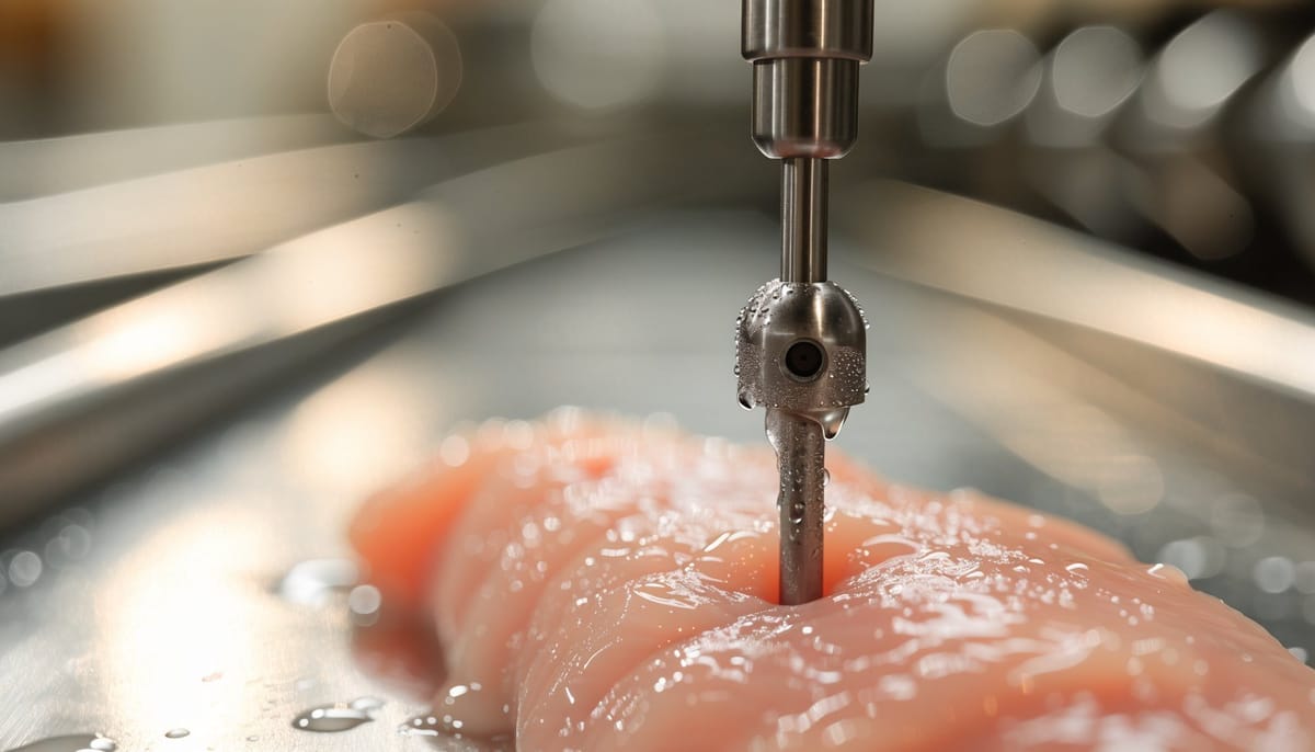 Sonda digital de temperatura insertada en un filete de pollo en una planta alimentaria