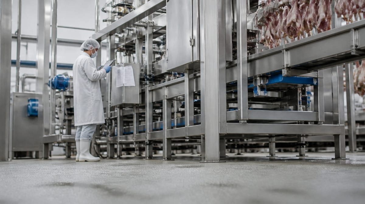 Technician in a white coat, hairnet, mask and gloves checks a tablet next to a paper control sheet hanging on the cutting line