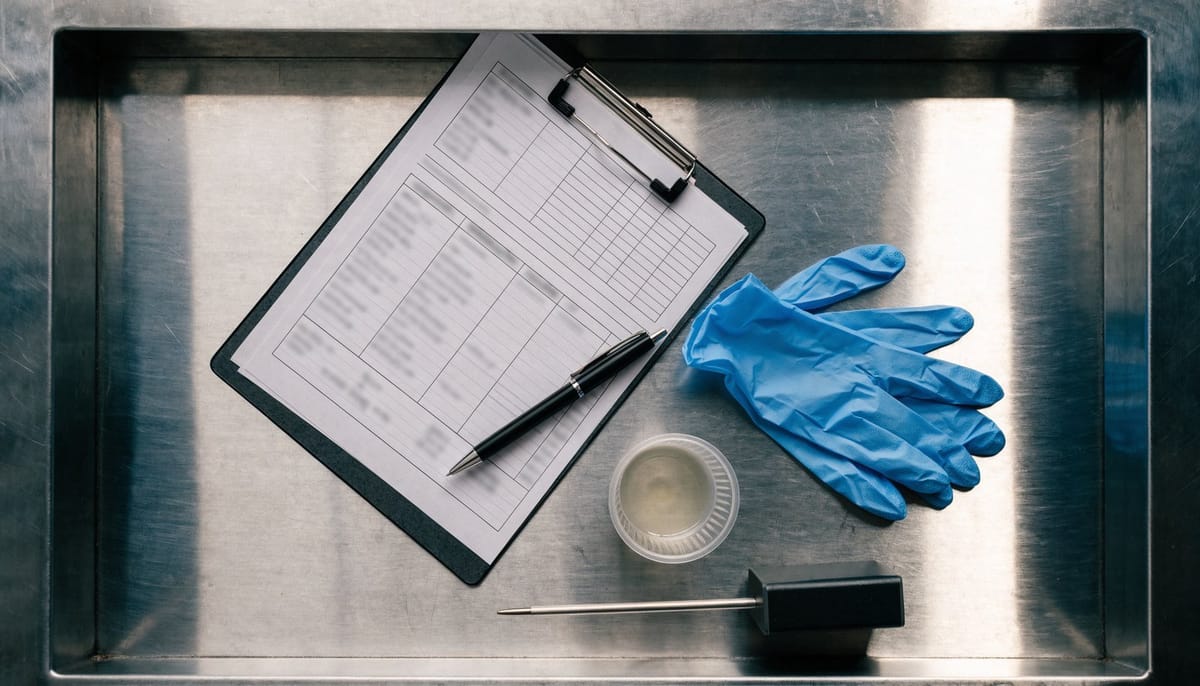 Parte de registro de calidad, guantes y termómetro sobre una mesa de acero inoxidable