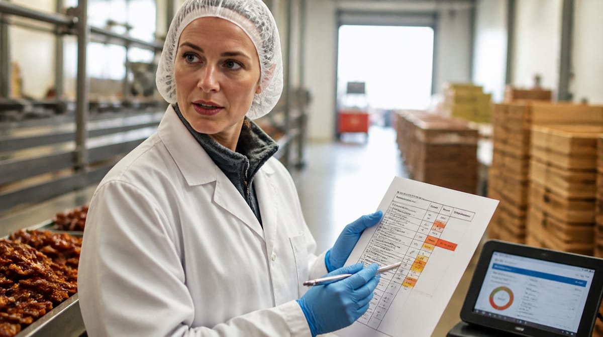 Auditora de calidad con bata blanca, cofia y guantes revisa un checklist impreso con puntuaciones de desviación junto a una línea de producción, con una tablet mostrando el panel de auditoría al fondo