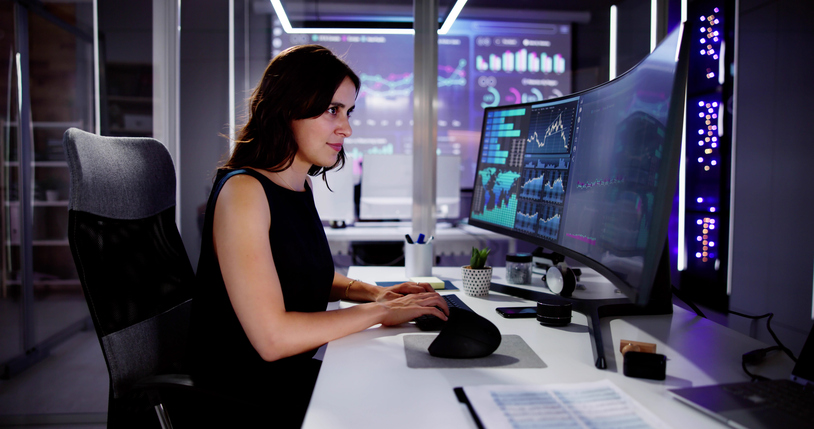 KPI Business Analytics Data Dashboard. Analyst Using Computer